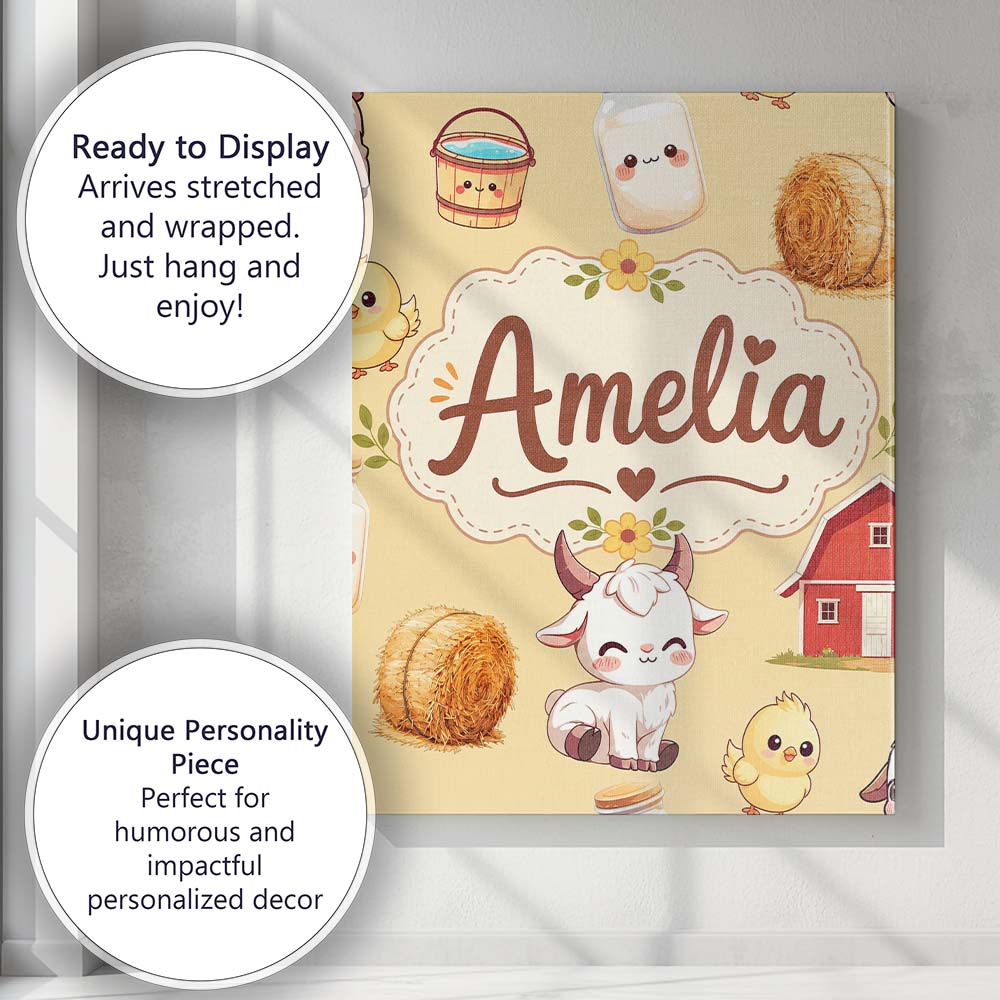 Personalised Name Cute Baby Goat Barn Hay Custom  Unique Gift Idea Elegant Feature Canvas Wall Art Print Decor Picture Ready to Hang
