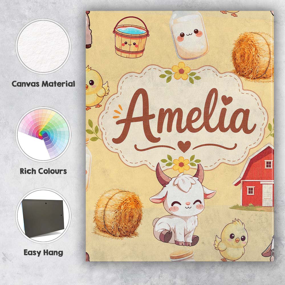 Personalised Name Cute Baby Goat Barn Hay Custom  Unique Gift Idea Elegant Feature Canvas Wall Art Print Decor Picture Ready to Hang