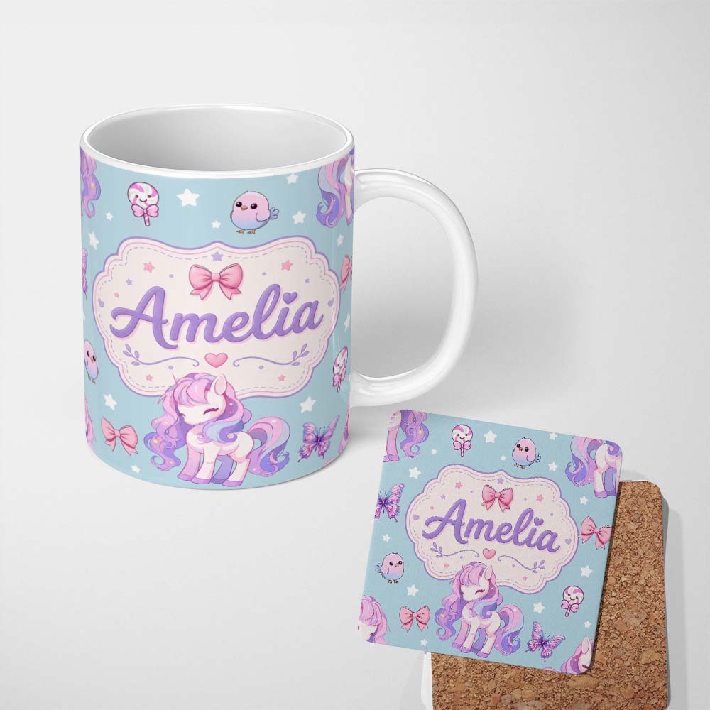 Personalized Custom Name Cute Unicorn Pastel Stars Birds Bows Candy Blue Seamless Pattern 11oz Ceramic Coffee Tea Mug White Large Handle