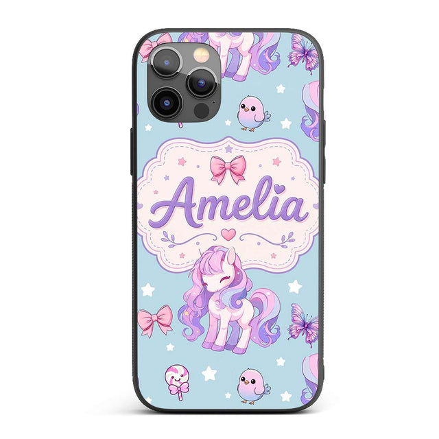 Cute Unicorn Pastel Stars Birds Bows Candy Blue Custom Name Protective Phone Case Mobile Cover Durable Everyday Smartphone Shock Resistant