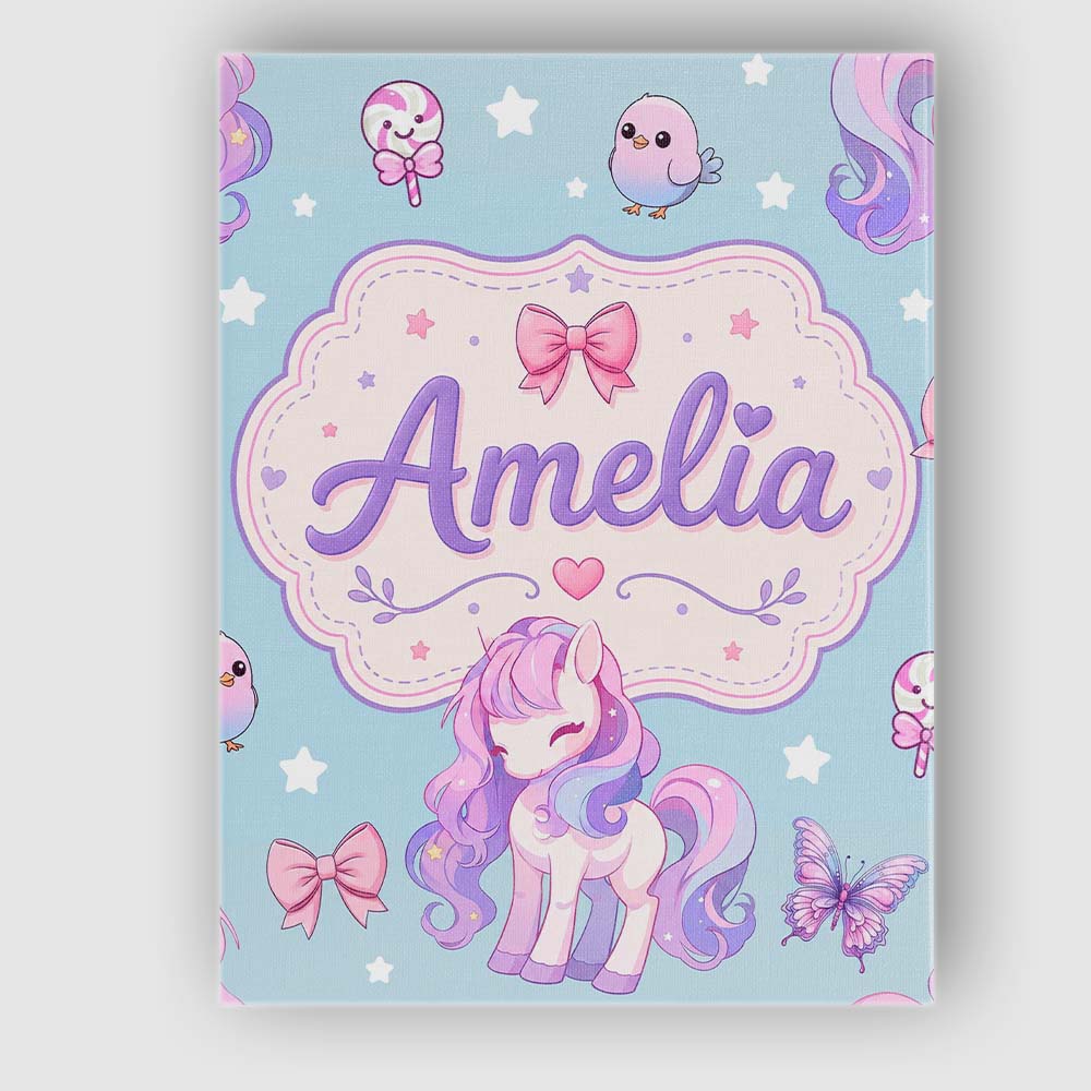 Personalised Name Cute Unicorn Pastel Stars Custom  Bespoke Interior Contemporary Canvas Wall Art Print Decor Picture Ready to Hang