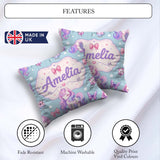 Custom Name Unicorn Stars Birds Bows Candy Blue Seamless Pattern Square Filled Cushion Throw Pillow Sofa Bed Home Decor Zip Washable UK Made