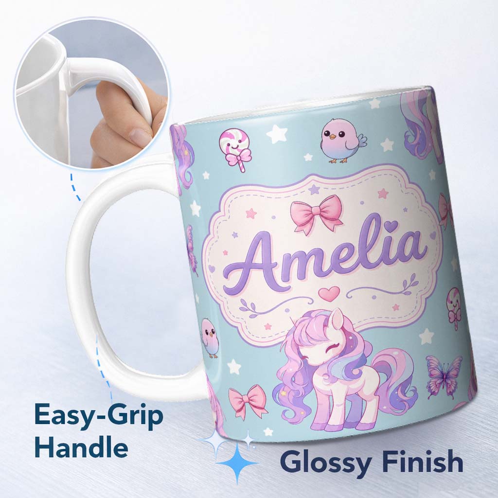 Personalized Custom Name Cute Unicorn Pastel Stars Birds Bows Candy Blue Seamless Pattern 11oz Ceramic Coffee Tea Mug White Large Handle