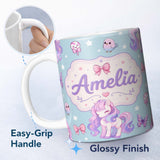 Personalized Custom Name Cute Unicorn Pastel Stars Birds Bows Candy Blue Seamless Pattern 11oz Ceramic Coffee Tea Mug White Large Handle