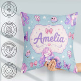 Custom Name Unicorn Stars Birds Bows Candy Blue Seamless Pattern Square Filled Cushion Throw Pillow Sofa Bed Home Decor Zip Washable UK Made