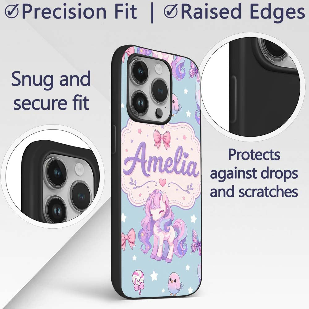 Cute Unicorn Pastel Stars Birds Bows Candy Blue Custom Name Protective Phone Case Mobile Cover Durable Everyday Smartphone Shock Resistant