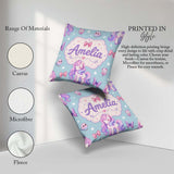 Custom Name Unicorn Stars Birds Bows Candy Blue Seamless Pattern Square Filled Cushion Throw Pillow Sofa Bed Home Decor Zip Washable UK Made