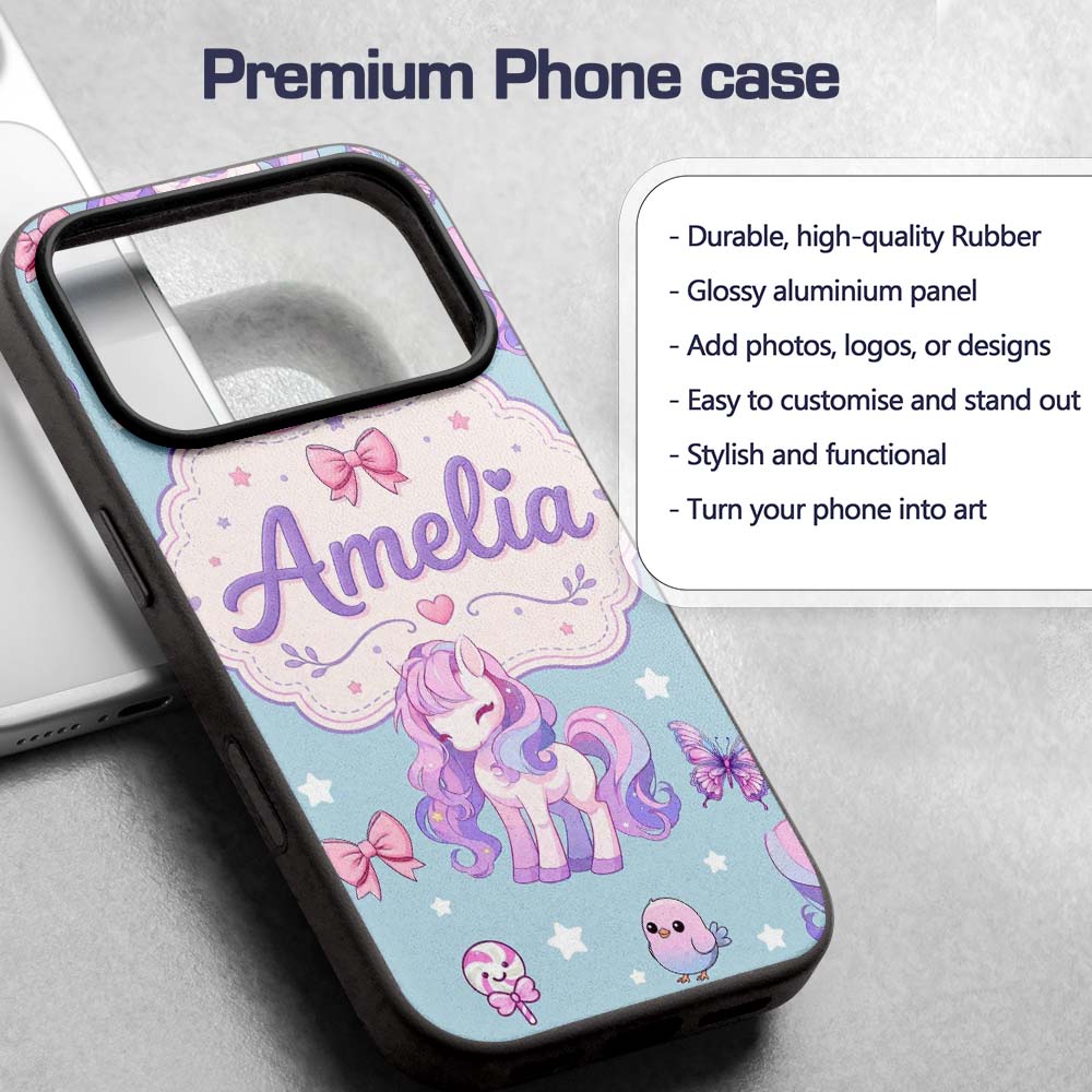 Cute Unicorn Pastel Stars Birds Bows Candy Blue Custom Name Protective Phone Case Mobile Cover Durable Everyday Smartphone Shock Resistant