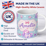 Personalized Custom Name Cute Unicorn Pastel Stars Birds Bows Candy Blue Seamless Pattern 11oz Ceramic Coffee Tea Mug White Large Handle