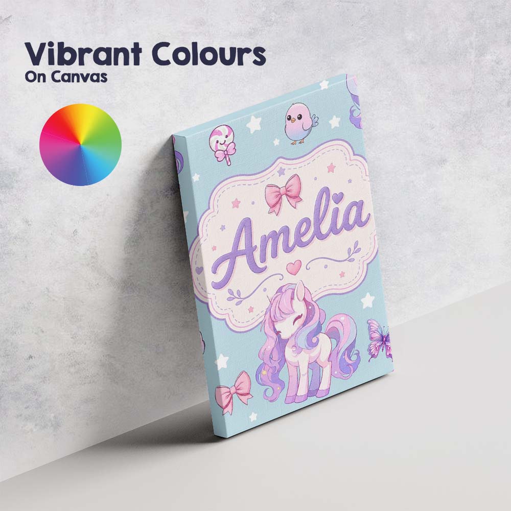 Personalised Name Cute Unicorn Pastel Stars Custom  Bespoke Interior Contemporary Canvas Wall Art Print Decor Picture Ready to Hang