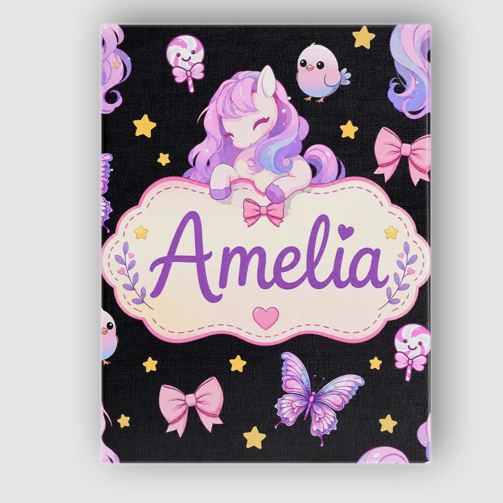 Personalised Name Cute Unicorn Pastel Stars Custom  Bespoke Interior Contemporary Canvas Wall Art Print Decor Picture Ready to Hang