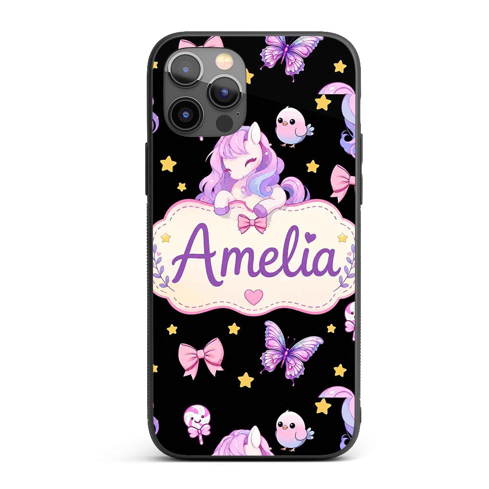 Cute Unicorn Pastel Stars Birds Bows Candy Black Custom Name Protective Phone Case Mobile Cover Durable Everyday Smartphone Shock Resistant