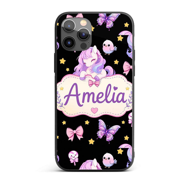 Cute Unicorn Pastel Stars Birds Bows Candy Black Custom Name Protective Phone Case Mobile Cover Durable Everyday Smartphone Shock Resistant