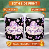 Personalized Custom Name Cute Unicorn Pastel Stars Birds Bows Candy Black Seamless Pattern 11oz Ceramic Coffee Tea Mug White Large Handle