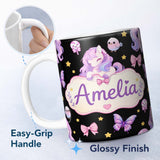 Personalized Custom Name Cute Unicorn Pastel Stars Birds Bows Candy Black Seamless Pattern 11oz Ceramic Coffee Tea Mug White Large Handle