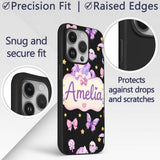 Cute Unicorn Pastel Stars Birds Bows Candy Black Custom Name Protective Phone Case Mobile Cover Durable Everyday Smartphone Shock Resistant