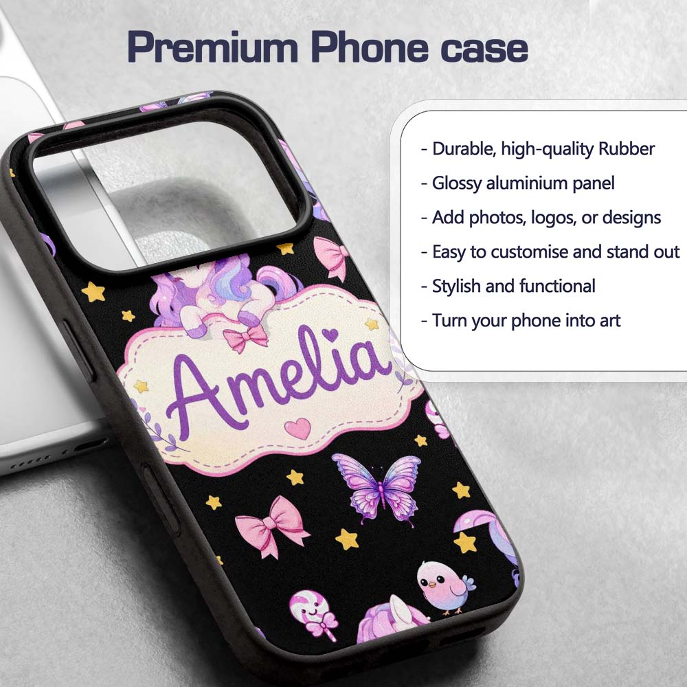 Cute Unicorn Pastel Stars Birds Bows Candy Black Custom Name Protective Phone Case Mobile Cover Durable Everyday Smartphone Shock Resistant