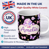 Personalized Custom Name Cute Unicorn Pastel Stars Birds Bows Candy Black Seamless Pattern 11oz Ceramic Coffee Tea Mug White Large Handle