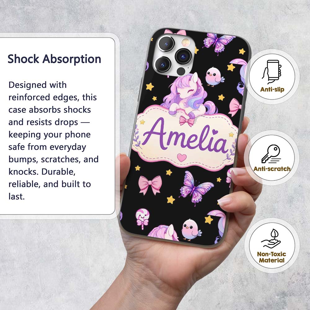 Cute Unicorn Pastel Stars Birds Bows Candy Black Custom Name Protective Phone Case Mobile Cover Durable Everyday Smartphone Shock Resistant