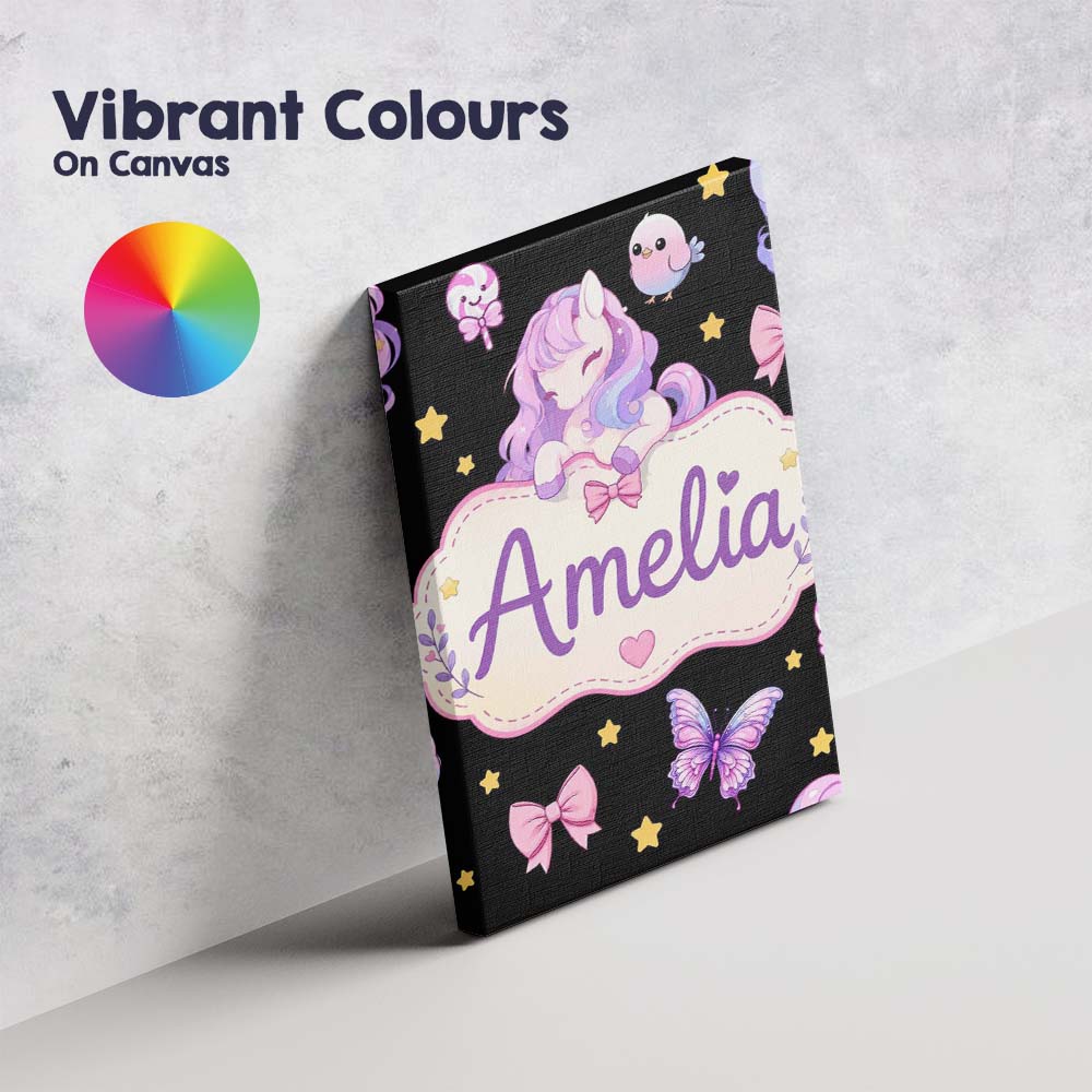 Personalised Name Cute Unicorn Pastel Stars Custom  Bespoke Interior Contemporary Canvas Wall Art Print Decor Picture Ready to Hang
