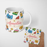 Personalized Custom Name Cute Kawaii Cats Crayons and Pencils Fun School Seamless Pattern 11oz Ceramic Coffee Tea Mug White Large Handle