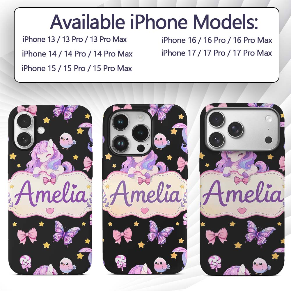 Cute Unicorn Pastel Stars Birds Bows Candy Black Custom Name Protective Phone Case Mobile Cover Durable Everyday Smartphone Shock Resistant