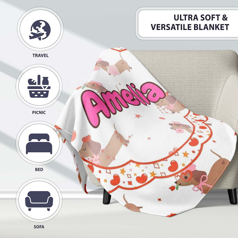 Cute Dachshund Valentine Hearts Love Seamless Pattern Lovely  Personalised Custom Name Super Soft Fleece Blanket Bed Sofa Throw
