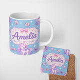 Personalized Custom Name Cute Unicorn Pastel Stars Birds Bows Candy Sky Seamless Pattern Name 11oz Ceramic Coffee Tea Mug White Large Handle