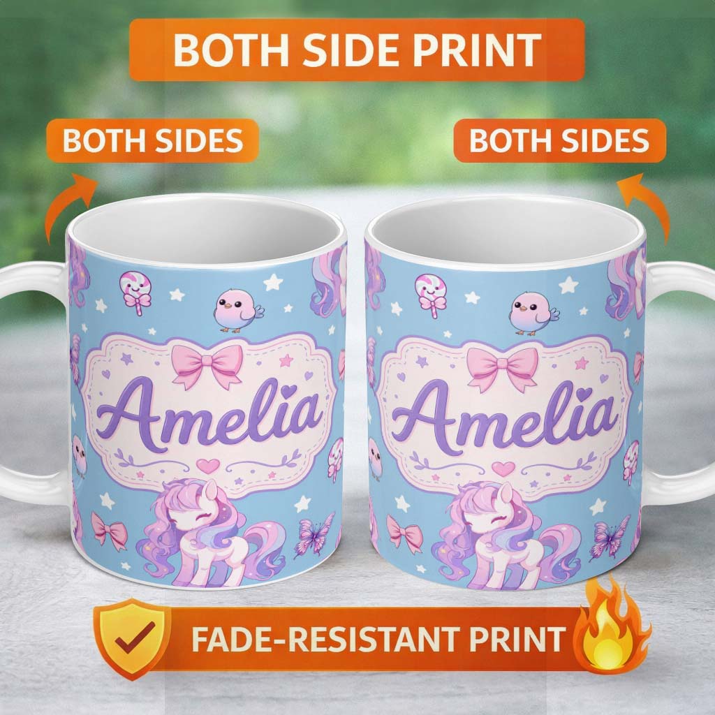 Personalized Custom Name Cute Unicorn Pastel Stars Birds Bows Candy Sky Seamless Pattern Name 11oz Ceramic Coffee Tea Mug White Large Handle