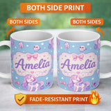 Personalized Custom Name Cute Unicorn Pastel Stars Birds Bows Candy Sky Seamless Pattern Name 11oz Ceramic Coffee Tea Mug White Large Handle