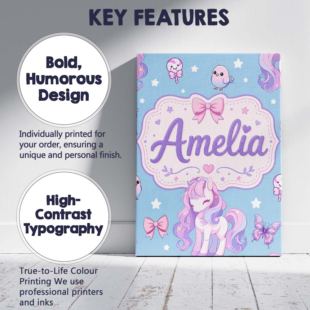 Personalised Name Cute Unicorn Pastel Stars Custom  Bespoke Interior Contemporary Canvas Wall Art Print Decor Picture Ready to Hang