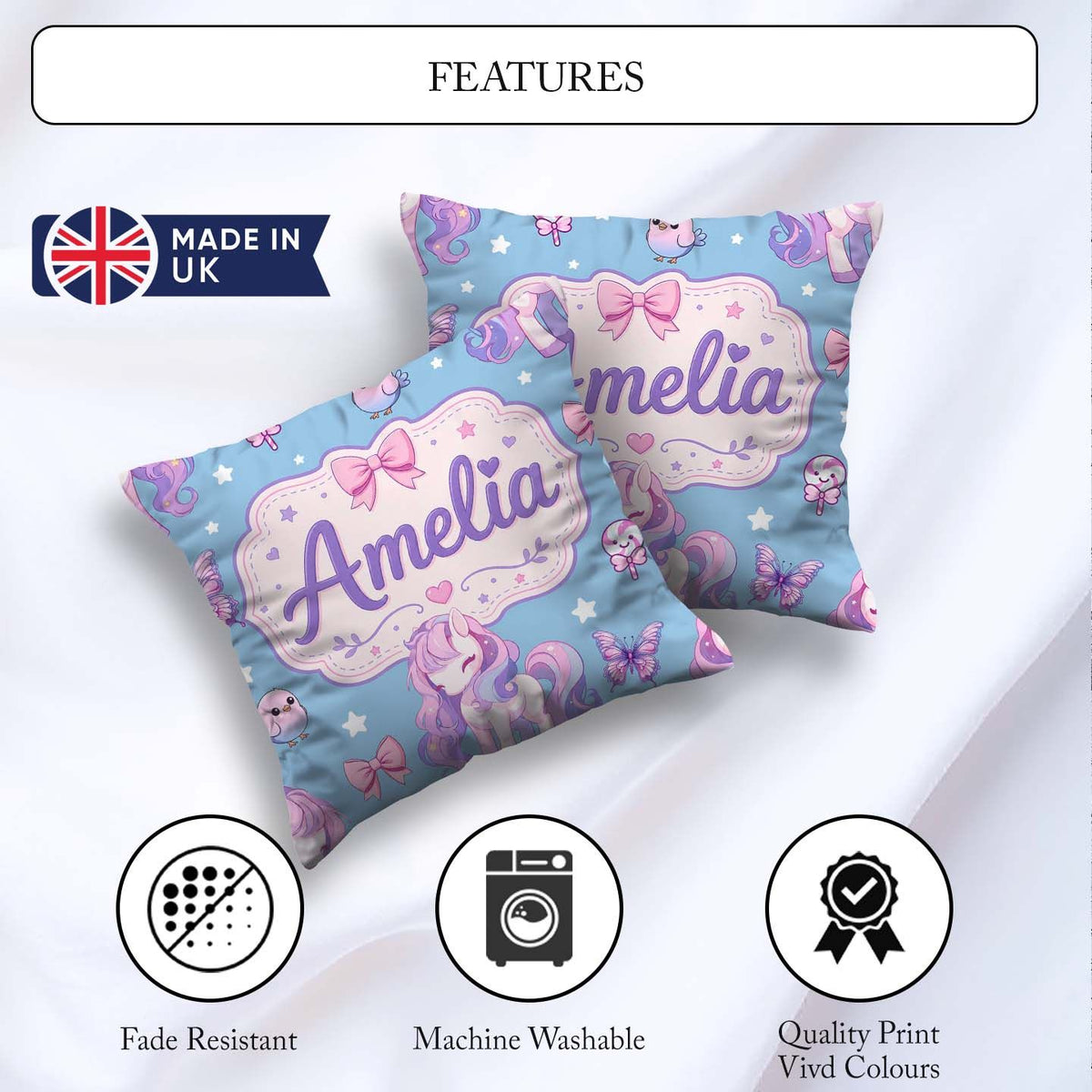 Custom Name Cute Pastel Stars Birds Bows Candy Sky Seamless Name Square Filled Cushion Throw Pillow Sofa Bed Home Decor Zip Washable UK Made