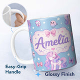 Personalized Custom Name Cute Unicorn Pastel Stars Birds Bows Candy Sky Seamless Pattern Name 11oz Ceramic Coffee Tea Mug White Large Handle