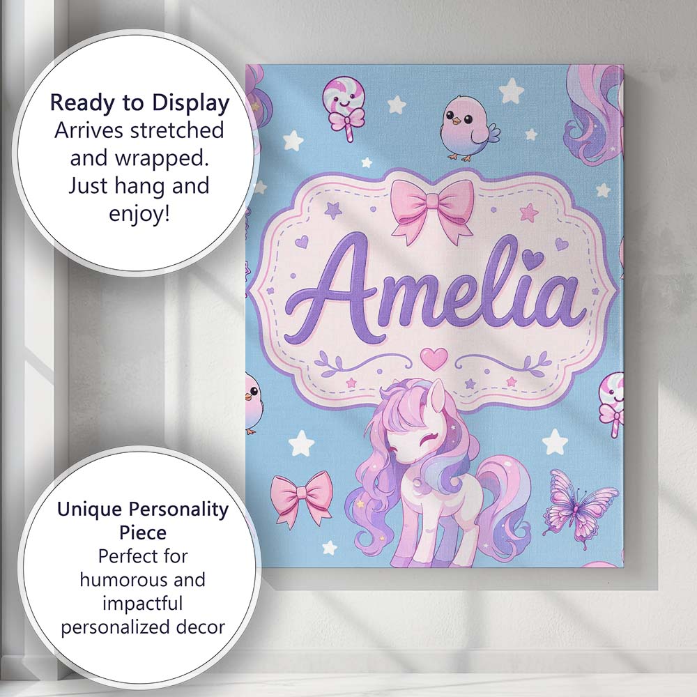 Personalised Name Cute Unicorn Pastel Stars Custom  Bespoke Interior Contemporary Canvas Wall Art Print Decor Picture Ready to Hang