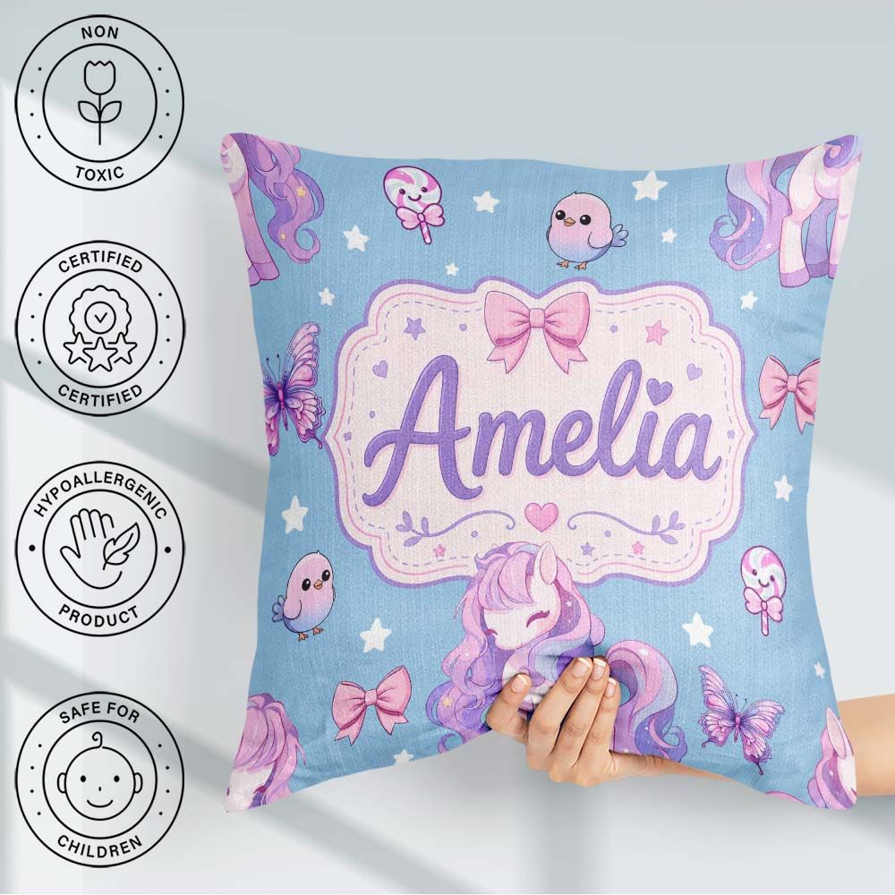 Custom Name Cute Pastel Stars Birds Bows Candy Sky Seamless Name Square Filled Cushion Throw Pillow Sofa Bed Home Decor Zip Washable UK Made