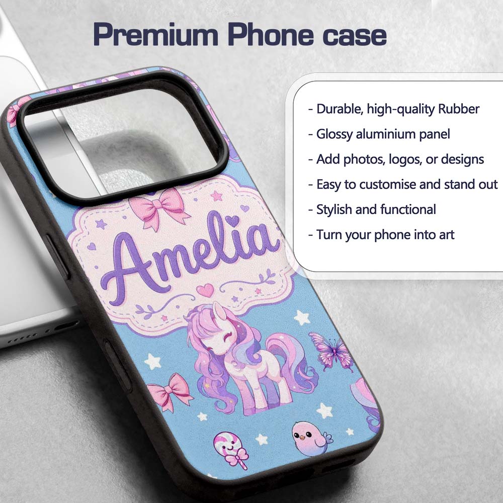 Cute Unicorn Pastel Stars Birds Bows Candy Sky Custom Name Protective Phone Case Mobile Cover Durable Everyday Smartphone Shock Resistant