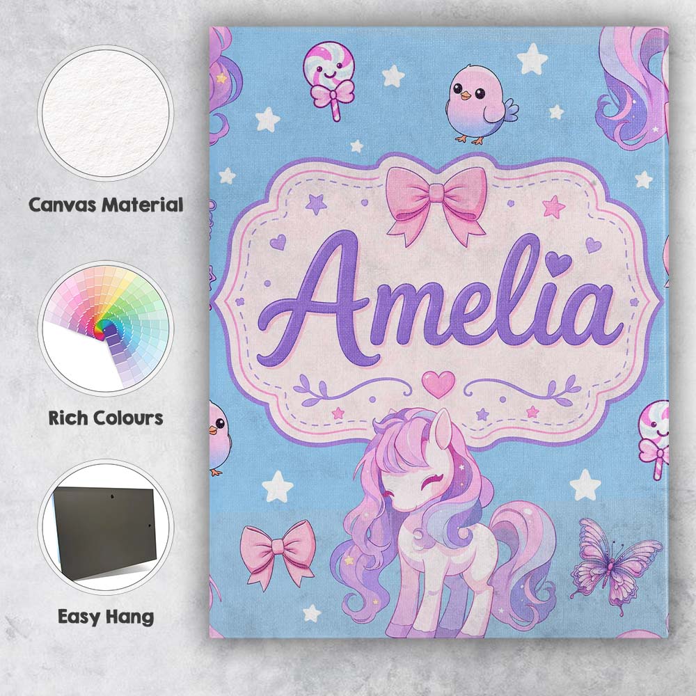 Personalised Name Cute Unicorn Pastel Stars Custom  Bespoke Interior Contemporary Canvas Wall Art Print Decor Picture Ready to Hang