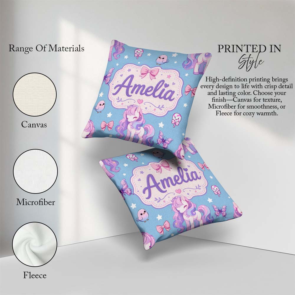 Custom Name Cute Pastel Stars Birds Bows Candy Sky Seamless Name Square Filled Cushion Throw Pillow Sofa Bed Home Decor Zip Washable UK Made