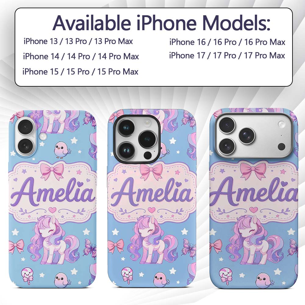 Cute Unicorn Pastel Stars Birds Bows Candy Sky Custom Name Protective Phone Case Mobile Cover Durable Everyday Smartphone Shock Resistant