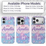Cute Unicorn Pastel Stars Birds Bows Candy Sky Custom Name Protective Phone Case Mobile Cover Durable Everyday Smartphone Shock Resistant