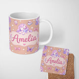 Personalized Custom Name Cute Unicorn Pastel Stars Birds Bows Candy Peach Seamless Pattern 11oz Ceramic Coffee Tea Mug White Large Handle