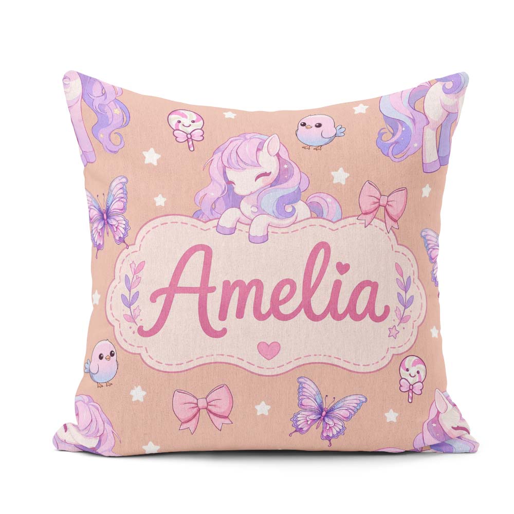 Custom Name Unicorn Pastel Stars Birds Bows Candy Peach Seamless Square Filled Cushion Throw Pillow Sofa Bed Home Decor Zip Washable UK Made