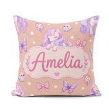 Custom Name Unicorn Pastel Stars Birds Bows Candy Peach Seamless Square Filled Cushion Throw Pillow Sofa Bed Home Decor Zip Washable UK Made