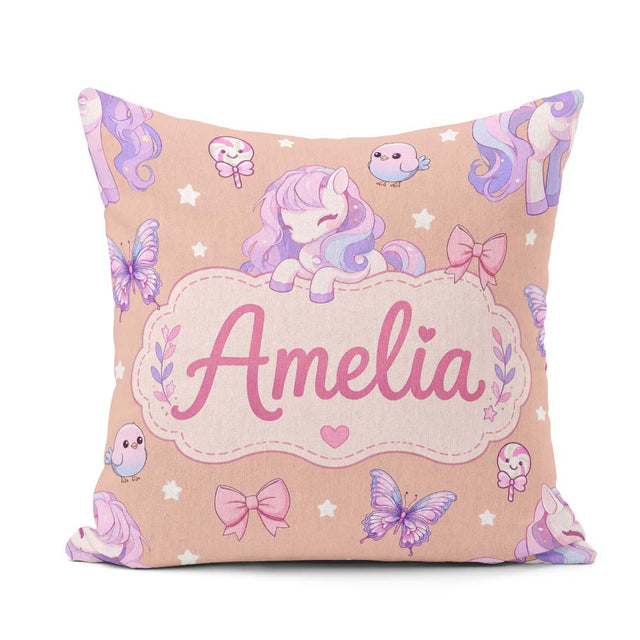 Custom Name Unicorn Pastel Stars Birds Bows Candy Peach Seamless Square Filled Cushion Throw Pillow Sofa Bed Home Decor Zip Washable UK Made