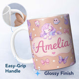Personalized Custom Name Cute Unicorn Pastel Stars Birds Bows Candy Peach Seamless Pattern 11oz Ceramic Coffee Tea Mug White Large Handle