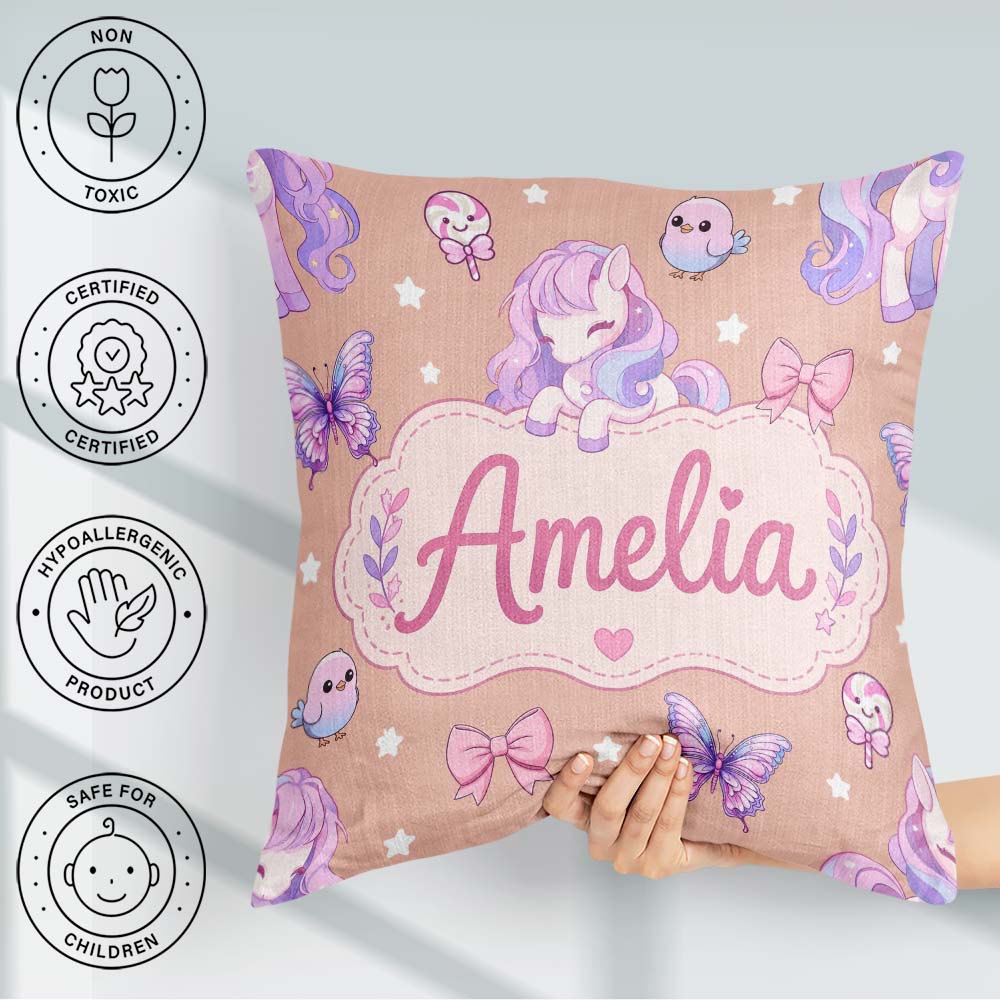Custom Name Unicorn Pastel Stars Birds Bows Candy Peach Seamless Square Filled Cushion Throw Pillow Sofa Bed Home Decor Zip Washable UK Made
