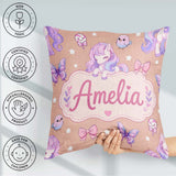 Custom Name Unicorn Pastel Stars Birds Bows Candy Peach Seamless Square Filled Cushion Throw Pillow Sofa Bed Home Decor Zip Washable UK Made