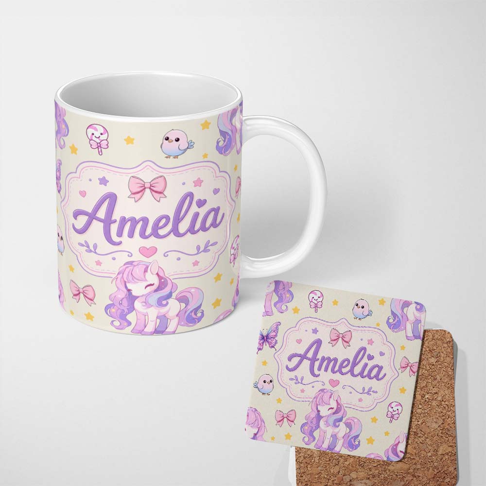 Personalized Custom Name Cute Unicorn Pastel Stars Birds Bows Candy Cream Seamless Pattern 11oz Ceramic Coffee Tea Mug White Large Handle