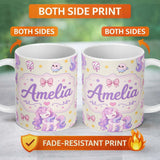 Personalized Custom Name Cute Unicorn Pastel Stars Birds Bows Candy Cream Seamless Pattern 11oz Ceramic Coffee Tea Mug White Large Handle