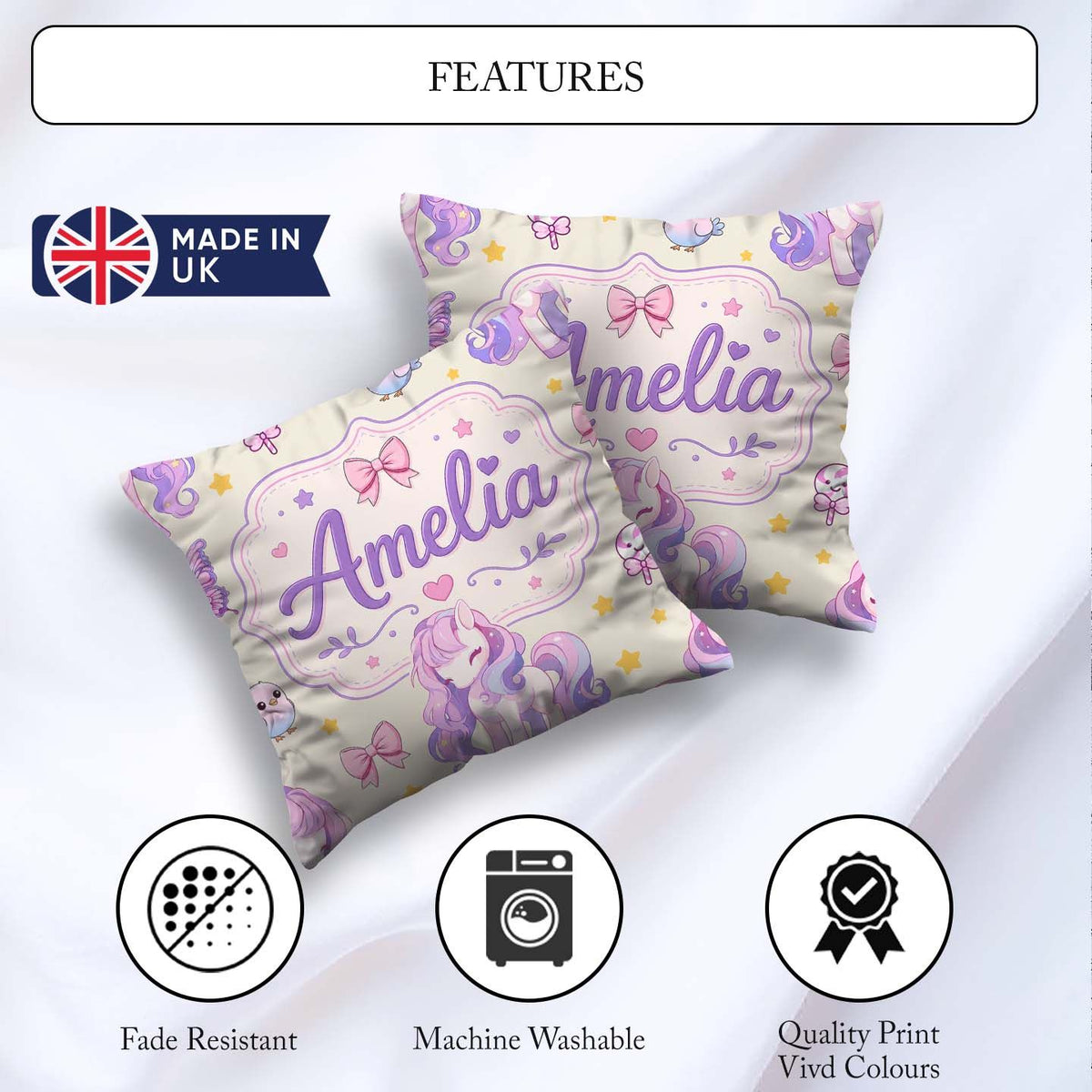 Custom Name Unicorn Pastel Stars Birds Bows Candy Cream Seamless Square Filled Cushion Throw Pillow Sofa Bed Home Decor Zip Washable UK Made